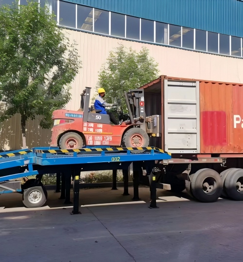 Forklift loading a container with Rilon custom metal products for global B2B shipping and logistics.