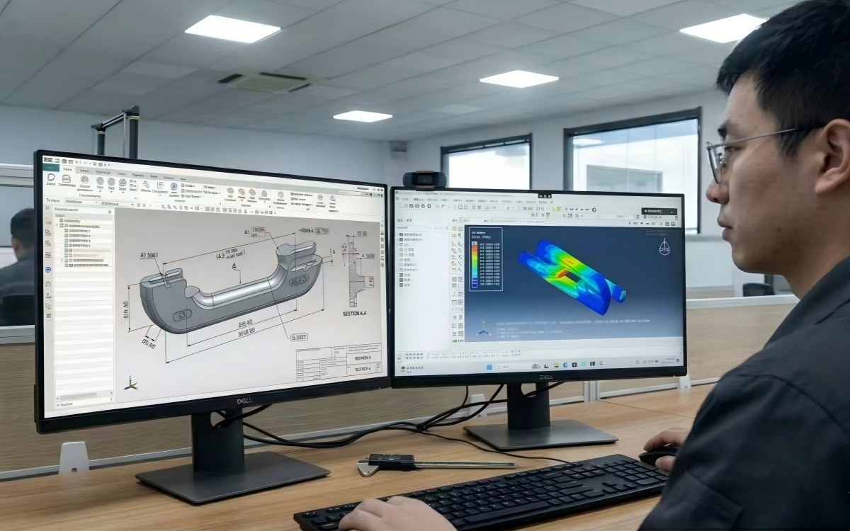 A Rilon engineer performing 3D CAD modeling and DFM (Design for Manufacturing) analysis to optimize custom metal parts for B2B clients.