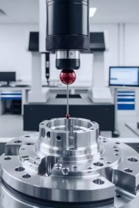 Coordinate measuring machine inspecting high precision CNC machined metal component