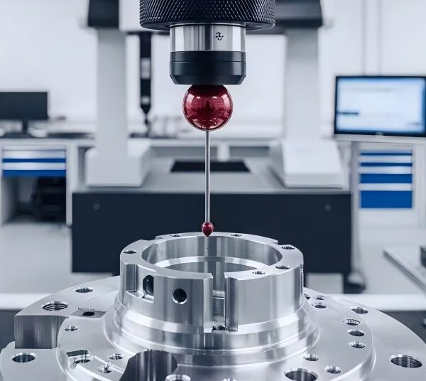 Coordinate measuring machine inspecting high precision CNC machined metal component