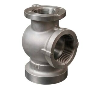 Stainless steel valve body casting with threaded connections and PN16 pressure rating.