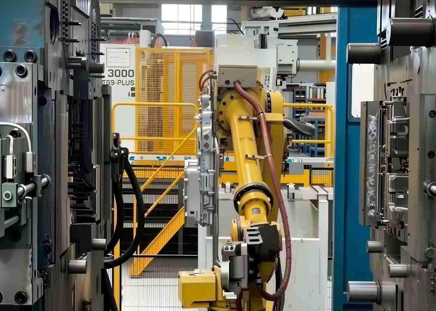 Rilon Automated high-pressure aluminum die casting cell featuring a yellow robotic arm integrated with heavy precision molding machinery.