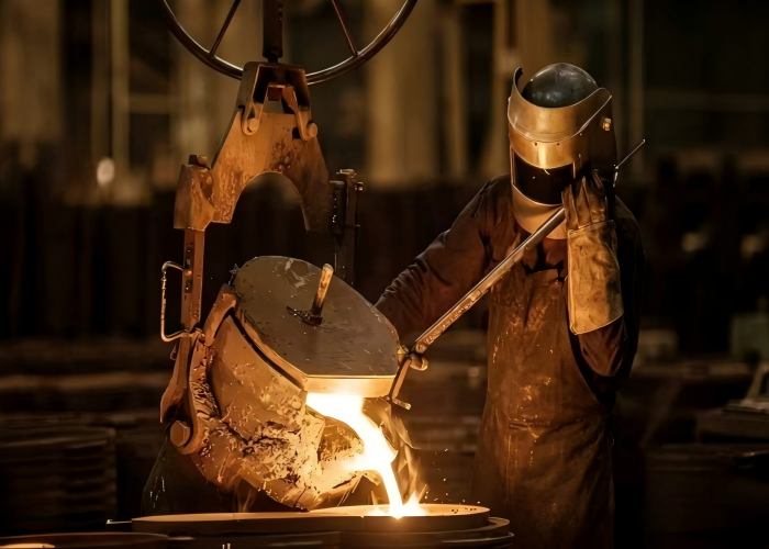 A foundry worker in protective gear pouring molten stainless steel from a crane-suspended ladle into investment casting molds.