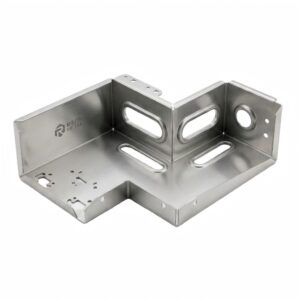 Custom OEM precision sheet metal component with multi-axis bending, laser-cut slots, and stamped notch reliefs for industrial equipment chassis.