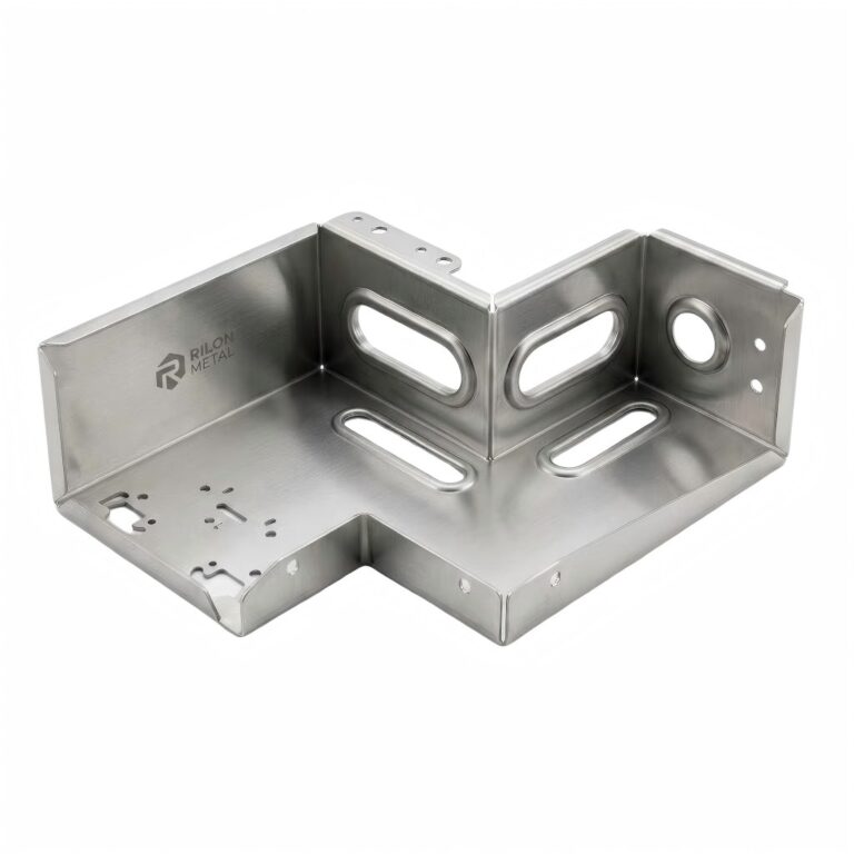 Custom OEM precision sheet metal component with multi-axis bending, laser-cut slots, and stamped notch reliefs for industrial equipment chassis.