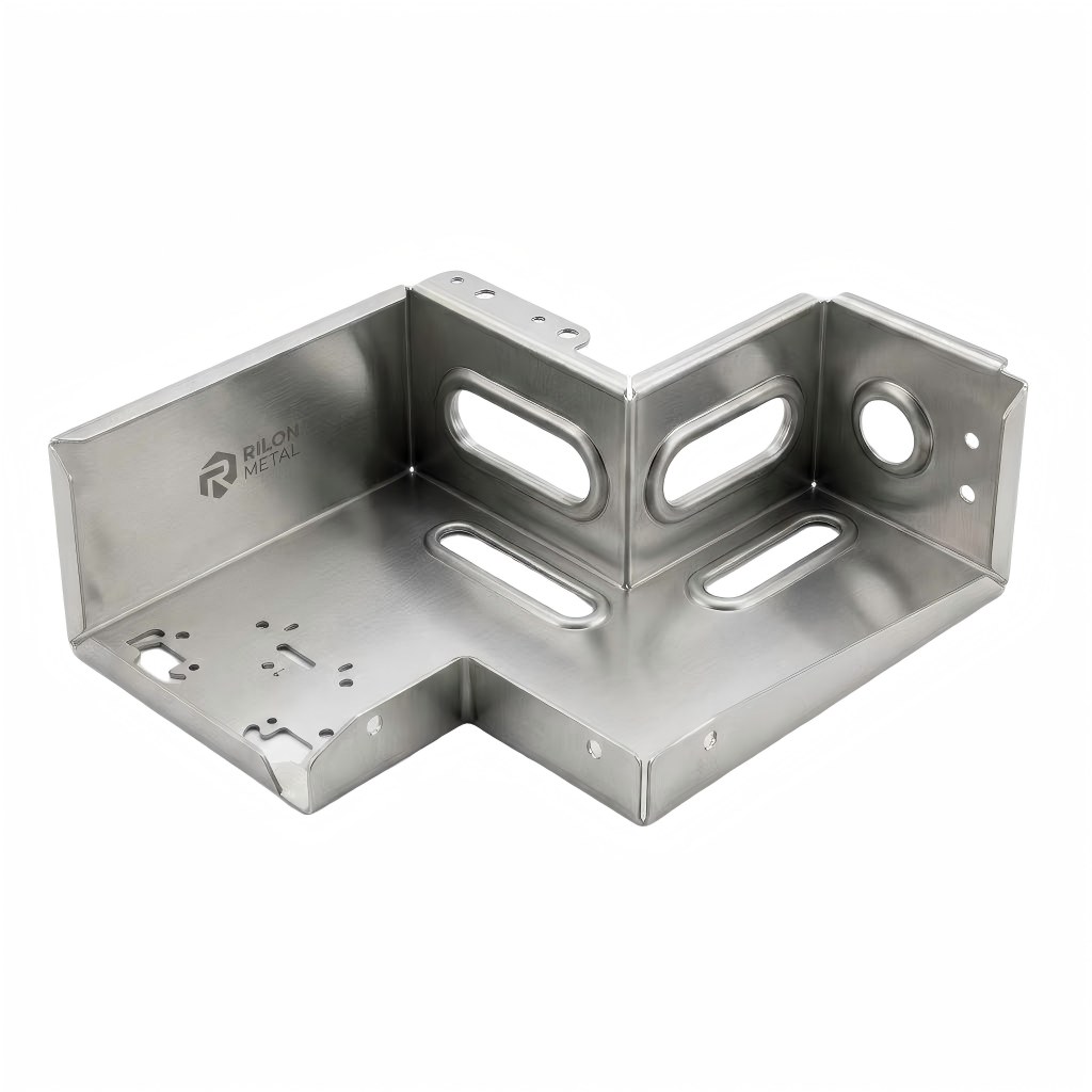 Custom OEM precision sheet metal component with multi-axis bending, laser-cut slots, and stamped notch reliefs for industrial equipment chassis.