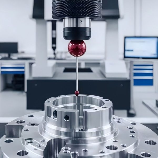 Coordinate measuring machine inspecting high precision CNC machined metal component